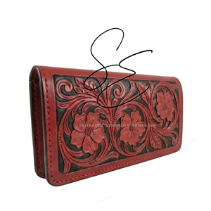Cartera larga de cuero tallado vintage con estampado floral, estilo occidental, con múltiples ranuras para tarjetas y efectivo, para mujer, color rojo. - Product Image 2