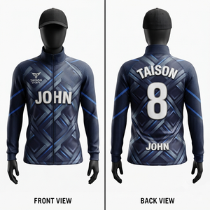เสื้อแจ็คเก็ตฝึกซ้อมรักบี้ชาย พรีเมียม 250 GSM ผ้าโพลีเอสเตอร์อินเตอร์ล็อค ระบายความชื้น ดีไซน์แผงสีน้ำเงิน พร้อมปักโลโก้ทีมตามสั่ง - Product Image 1