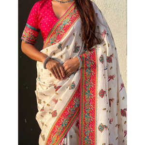 Sari traditionnel en soie de viscose pure Elite Weaves, imprimé, robe de soirée blanche, 750g - Product Image 1