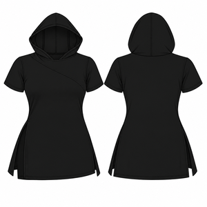 Women's Plus Size Short Sleeve Hooded <b>Top</b> Black <b>Asymmetric</b> <b>Hem</b> Custom Logo Manufacturer - Product Image 2