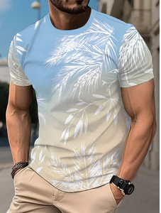 T-shirt à manches courtes pour homme, imprimé feuilles de palmier, col rond, coupe ajustée, vêtement décontracté, imprimé numérique, respirant, tricoté en polyester, style moderne pour homme - Product Image 3