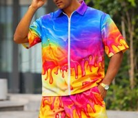 Conjunto Deportivo Personalizado Unisex de 2 Piezas, Estampado Gráfico 3D con Diseño de Gota de Arcoíris, Transpirable, Ligero, para Verano, con Polo de Cierre de Cremallera