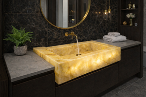 Lavabo de salle de bain rectangulaire en onyx jaune de luxe avec rétroéclairage LED intégré - Product Image 3