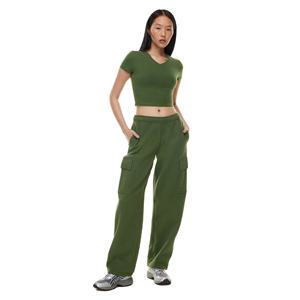 Pantalon cargo streetwear taille haute coupe droite pour femme, broderie et bande latérale, 80 % coton 20 % polyester, vente en gros - Product Image 1