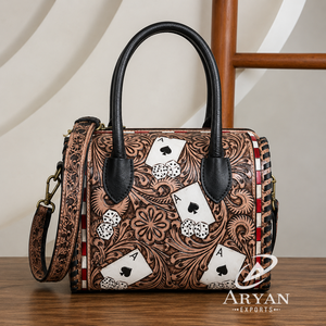 Customized Hand Tooled Western Crossbody Travel Duffel Bag Poker Card Design Genuine Leather 11 Inch Zipper Closure Luxury - Product Image 1