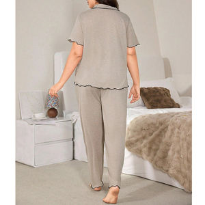 Conjunto de Pijama Tipo Cárdigan con Cuello para Mujer, Tallas Grandes, Color Sólido, Corte Holgado, Ropa Cómoda para el Hogar, Primavera, Bordado a Máquina - Product Image 3