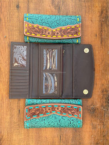 Nouveau design usiné à la main sculpture portefeuille en cuir pochette coque de téléphone carte élégant couleur Turquoise portefeuille multi-usages cuir occidental - Product Image 6