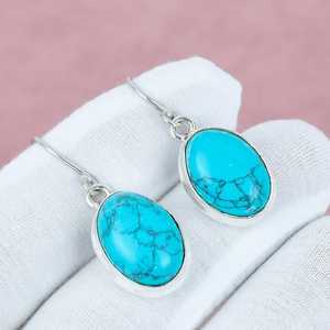 Boucles d'oreilles pendantes en argent sterling 925 turquoise bleu, bijoux bohèmes faits à la main, pierre naturelle, boucles d'oreilles pour femmes, vente en gros - Product Image 6
