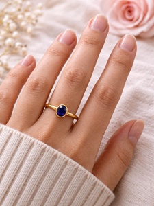 Bague délicate minimaliste chrétienne bohème en or 18 carats plaqué or avec saphir bleu ovale créé en laboratoire, bijoux faits à la main en pierres précieuses pour femme - Product Image 3