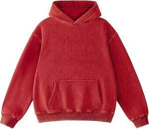 Sweat à capuche oversize rouge délavé à l'acide – Pull en molleton de coton épais avec poche kangourou pour homme - Product Image 1