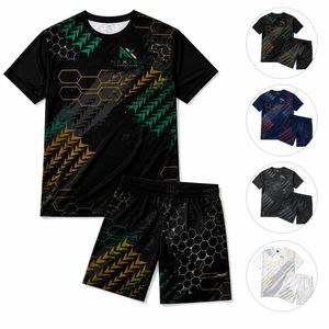 ชุดเสื้อยืดและกางเกงขาสั้นพิมพ์ลายหกเหลี่ยมสำหรับผู้ชาย แห้งเร็ว 2 ชิ้น ชุดกีฬาฤดูร้อน ระบายอากาศได้ดี ผลิตจากโพลีเอสเตอร์ พิมพ์ลายแบบ Sublimation - Product Image 4
