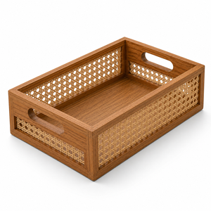 Handmade Wooden <b>Basket</b> with Bamboo Weave <b>Storage</b> Organizer Decorative Multipurpose <b>Basket</b> Tray - Product Image 4