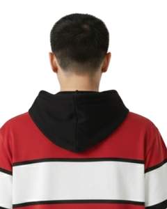 Camiseta con Capucha Personalizada para Hombre, a Rayas Rojas, Blancas y Negras, de Manga Corta, con Capucha en Contraste, Cordón y Bolsillo, Estilo Casual Urbano, Top de Verano - Product Image 6