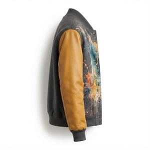 Wollkörper mit Ärmeln aus echtem Leder, Vintage-Aquarell-Splash-Art-Grafikdruck, Druckknopfverschluss, Bomber-Varsity-Jacke - Product Image 5