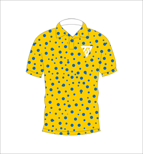 Camisa de hombre con lunares amarillos y azules, informal, de manga corta, transpirable, de poliéster, con estampado por sublimación y logotipo personalizado. - Product Image 1