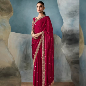 Premium beautiful silk <b>saree</b> with heavy <b>blouse</b> all over embroidery work and lace for adults - Product Image 1