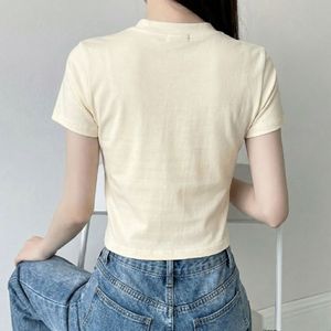 <b>Women's</b> <b>Cream</b> Crew Neck Short Sleeve Fitted Crop Top Solid Color 100% Cotton Summer <b>T</b>-<b>Shirt</b> Breathable Plain Dyed Style - Product Image 2