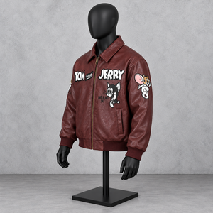 <b>Tom</b> and Jerry <b>Men's</b> PU Leather Bomber Jacket Zipper Front Character Print Casual Outerwear Autumn Streetwear - Product Image 4