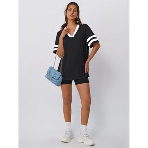 Camisetas de gran tamaño Queen de moda para mujer, camisetas de verano de entrenamiento transpirables con cuello de pico de manga corta, camisetas de bloque de Color Y2K holgadas informales - Product Image 2