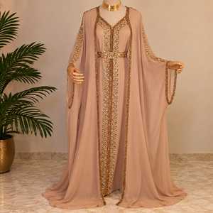 Designer <b>Kaftan</b> Dress for <b>Women</b> Elegant Arabic Abaya Style Long Flowing Maxi Gown with Sheer Sleeves Intricate Gold Silver - Product Image 1
