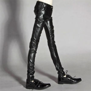 <b>Men's</b> Black PU Leather Pants High Waist Moto Biker Style With Rivets Zipper Closure Slim Fit Autumn Wear - Product Image 2