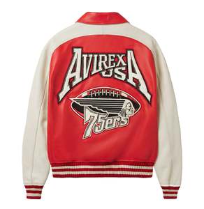 Avirex Men's Red Varsity <b>Jacket</b> Embroidered <b>Patch</b> Front Zipper Regular Fit Turn-down Collar Leather Fusion of Strength - Product Image 2