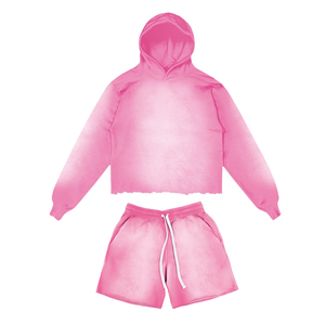 Ensemble 2 pièces streetwear homme sur mesure en coton délavé, comprenant un sweat à capuche à cordon et un short, grandes tailles - Product Image 3