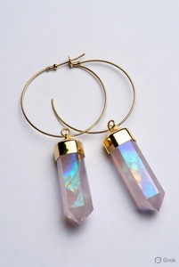 <b>Gold</b> Hoop <b>Earrings</b> with Rainbow Aura Quartz Crystal Points | Large <b>Dangle</b> Statement <b>Earrings</b> | Boho Gemstone Jewelry for Women - Product Image 3