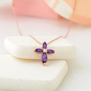 Collier en améthyste violette, forme poire, croix religieuse en améthyste, certifié véritable, argent 925 plaqué or 14 carats - Product Image 6