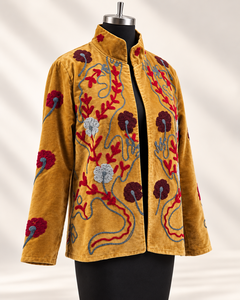 Mustard <b>Velvet</b> Embroidered Suzani <b>Jacket</b> for <b>Women</b> Handmade Boho Ethnic Winter Coat Vintage Style Wholesale Ladies Outerwear - Product Image 1