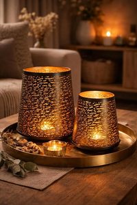 Set of 2 <b>Moroccan</b> Tea <b>Light</b> Candle Holders Cut Work Black & Gold Christmas Decorative Tea <b>Light</b> Holders - Product Image 3