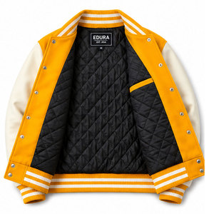 Blouson universitaire en cuir pour homme, orange et blanc, avec patch brodé lettre, style preppy, col rabattu, respirant, idéal pour l'automne - Product Image 5