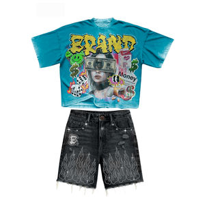 Tenue de mode estivale, t-shirts décontractés surdimensionnés de haute qualité imprimés sur mesure et shorts en jean déchirés avec strass, ensemble 2 pièces pour hommes - Product Image 4
