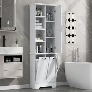 Mobiletto da Bagno Autoportante con Ante e Cassetti, Cesto Portabiancheria Ribaltabile Salvaspazio, Ripiani Aperti Multipli per Stoccaggio - Product Image 3