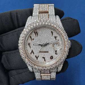 Montre BOJ R.O.L.E.X.02 à chiffres arabes, bicolore, plaquée or rose, de luxe, à quartz, analogique, en acier inoxydable, mécanique, style hip-hop, avec cristaux - Product Image 1