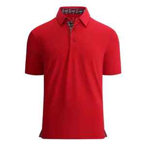 เสื้อโปโลแขนสั้นสีแดงสำหรับผู้ชาย ผ้าคอตตอนปิเก้สีพื้น สวมใส่สบาย ระบายอากาศได้ดี ทรงปกติ - Product Image 1