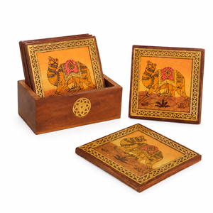 Handcrafted Vintage Square <b>Wooden</b> <b>Tea</b> Coaster <b>Set</b> with Elephant Design | Lightweight Indian Decorative Coasters <b>Wooden</b> Holder - Product Image 1