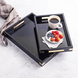 Bandeja de Servir Rectangular Negra con Patrón Sólido, Asas Doradas, Madera Lacada, Decorativa, para Mesa de Centro o Otomana, Precio de Fábrica - Product Image 4