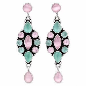 Boucles d'oreilles pendantes en argent oxydé tendance |   Bijoux vintage en pierre œil de chat rose, forme marquise et goutte d'eau - Product Image 1