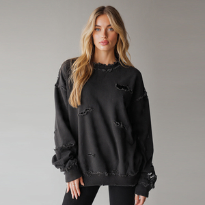 Sweat-shirts OEM 430 g/m² épais effet vieilli pour femme – Mode urbaine hiver – Hauts déchirés pour femme - Product Image 2