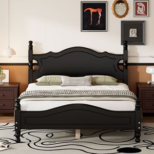 Full Size Retro Style Wood <b>Platform</b> <b>Bed</b> <b>Frame</b> with Black Wooden Slat Support - Product Image 1