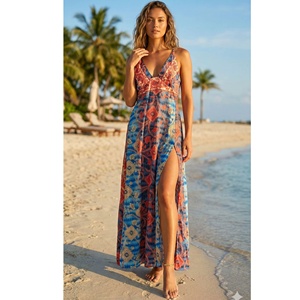 Free Size Maxi Bohemian Silk A-Line Floral Print Korean <b>Summer</b> V-neck Sleeveless Sweet Y2K Casual <b>Dresses</b> with High Slit - Product Image 1