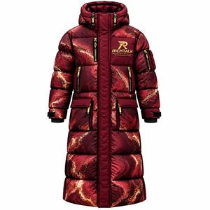 Veste longue à capuche pour homme, imprimé marbré rouge, rembourrée de duvet, coupe-vent, style sportif d'hiver avec fermeture éclair - Product Image 5