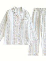 Women's Luxury V-neck Color Striped Printed Floral 100% Muslin Double Layer Lightweight Breathable Plus Size Long Sleeve Front