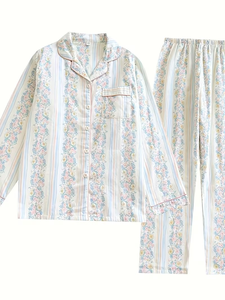 Women's Color Striped Printed Floral 100% Muslin Double Layer Lightweight Plus Size Long Sleeve Pajama Set for Spring/Summer - Product Image 5
