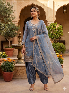 Wholesale Luxury <b>Slate</b> Blue Organza Slim Fit Party Winter Embroidered Pakistani Suit Kurta Pant Set Dupatta Ethnic Wear - Product Image 2