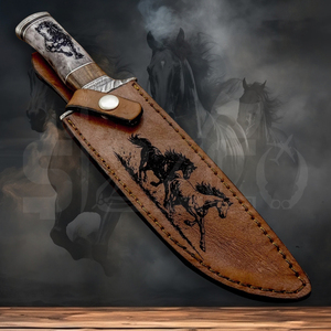 Custom Handmade Damascus Steel Bowie <b>Knife</b> with Stallion Horse Engraved <b>Handle</b> & Leather Sheath Hunting Camping OEM Ideal Gift - Product Image 6