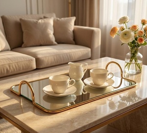 <b>Mirrored</b> Storage <b>Tray</b> With Gold Handles Rectangle Shape For Jewelry Display Modern Luxury Design Polished Finish Table Use - Product Image 2