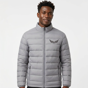 <b>Men's</b> Gray <b>Jacket</b> Stand Collar Zipper Front Embroidery Windproof Winter Casual Regular Fit Polyester Wadding - Product Image 6