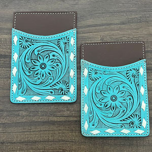 Tarjetero de Cuero Genuino con Diseño Floral Turquesa, Estilo Occidental, para Unisex, Elegante y Minimalista, para Identificación - Product Image 4
